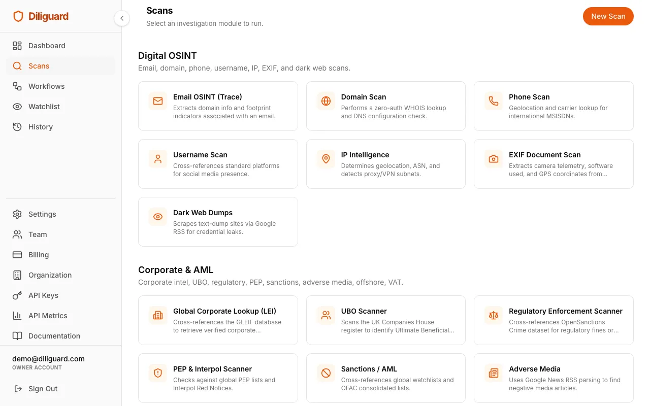 Scan Hub screenshot showing the three categories with scan cards.
