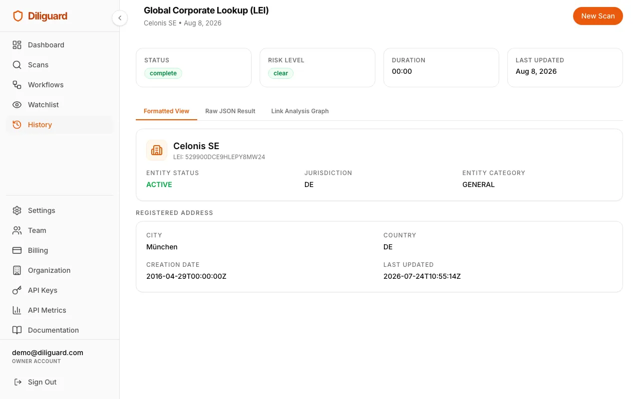 Corporate lookup results screenshot showing the entity card with LEI number, status, jurisdiction, and address.