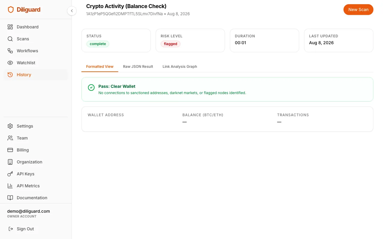 Crypto activity results screenshot showing the wallet card with balance and transaction count.