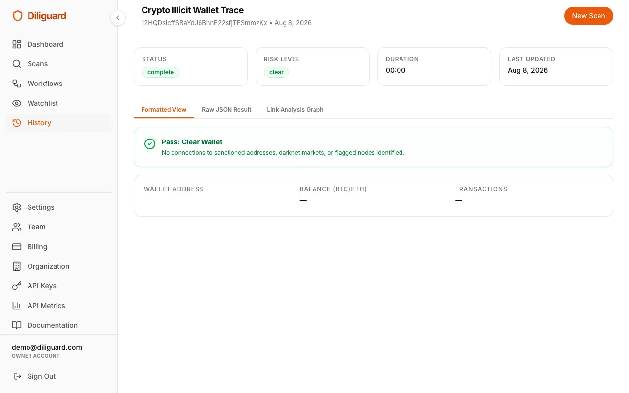 Crypto illicit wallet trace results screenshot showing the alert banner, wallet card, and threat cards.