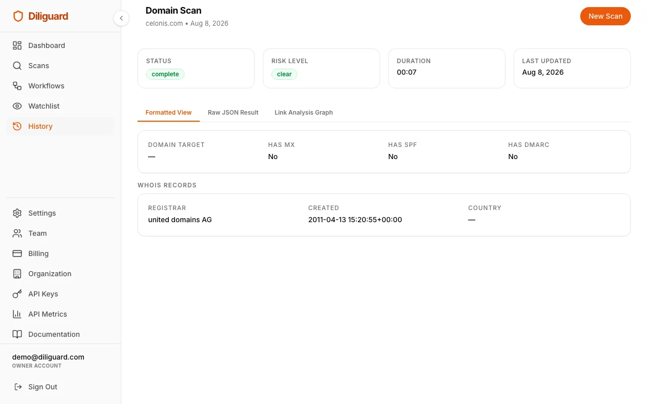 Domain scan results screenshot showing the summary card and WHOIS records.