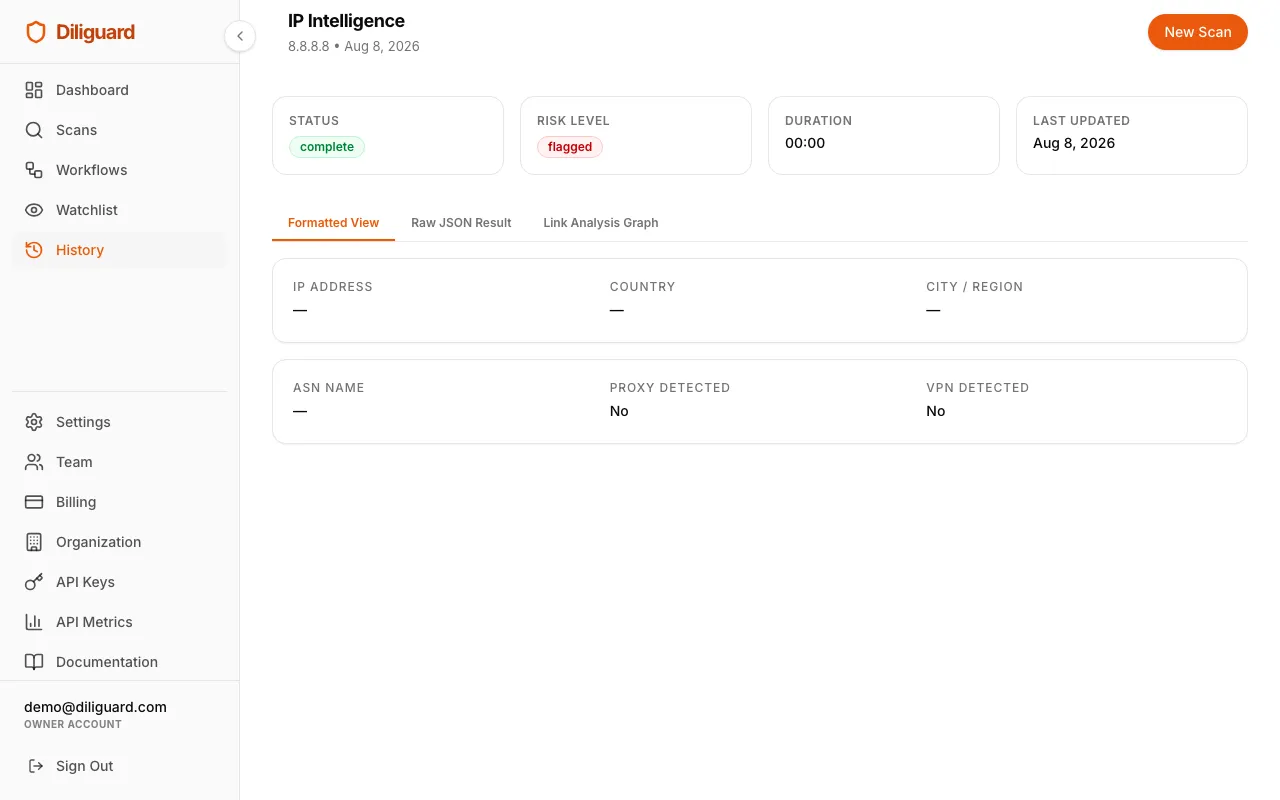 IP intelligence results screenshot showing location, ASN, proxy detection, and VPN detection.