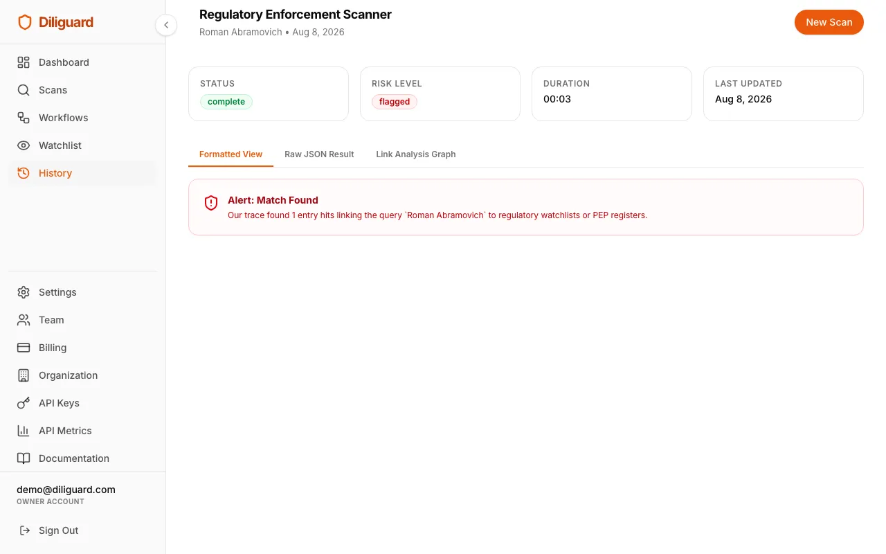 Regulatory scan results screenshot showing either the green clear banner or the red alert banner with match cards.