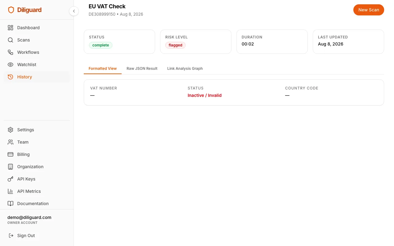 VAT check results screenshot showing the valid/invalid status and registered business details.