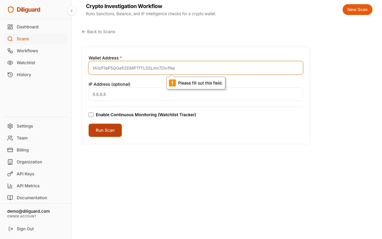 Crypto Investigation workflow results screenshot showing the three module tabs.