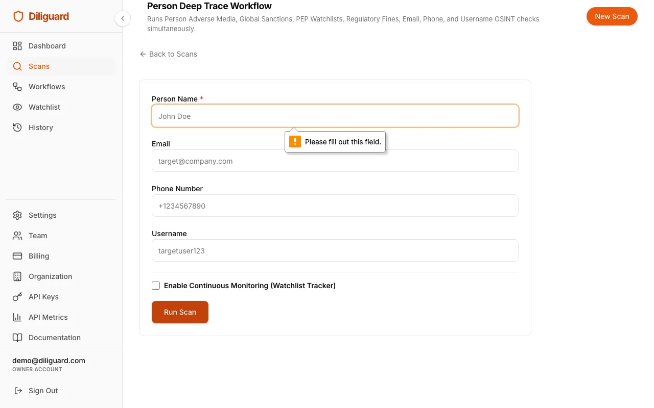 Person Deep Trace workflow results screenshot showing the module sidebar with email, phone, username, and dark web tabs.