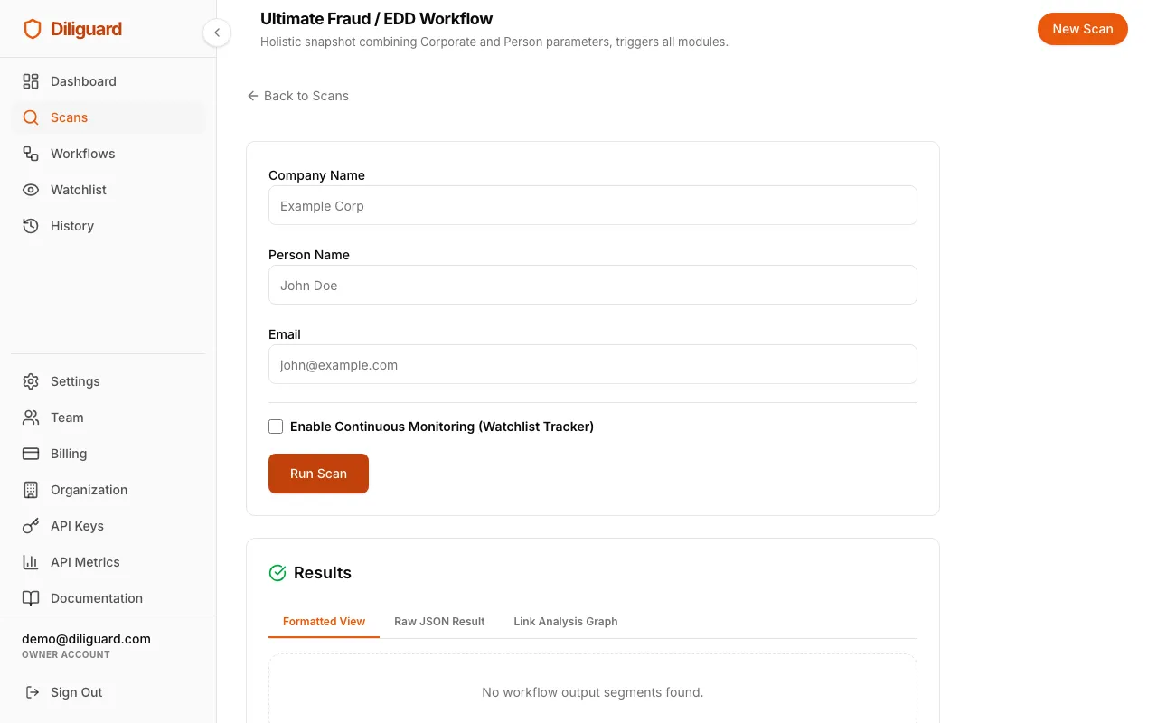 Ultimate Fraud / EDD workflow results screenshot showing the full module sidebar with all available tabs.