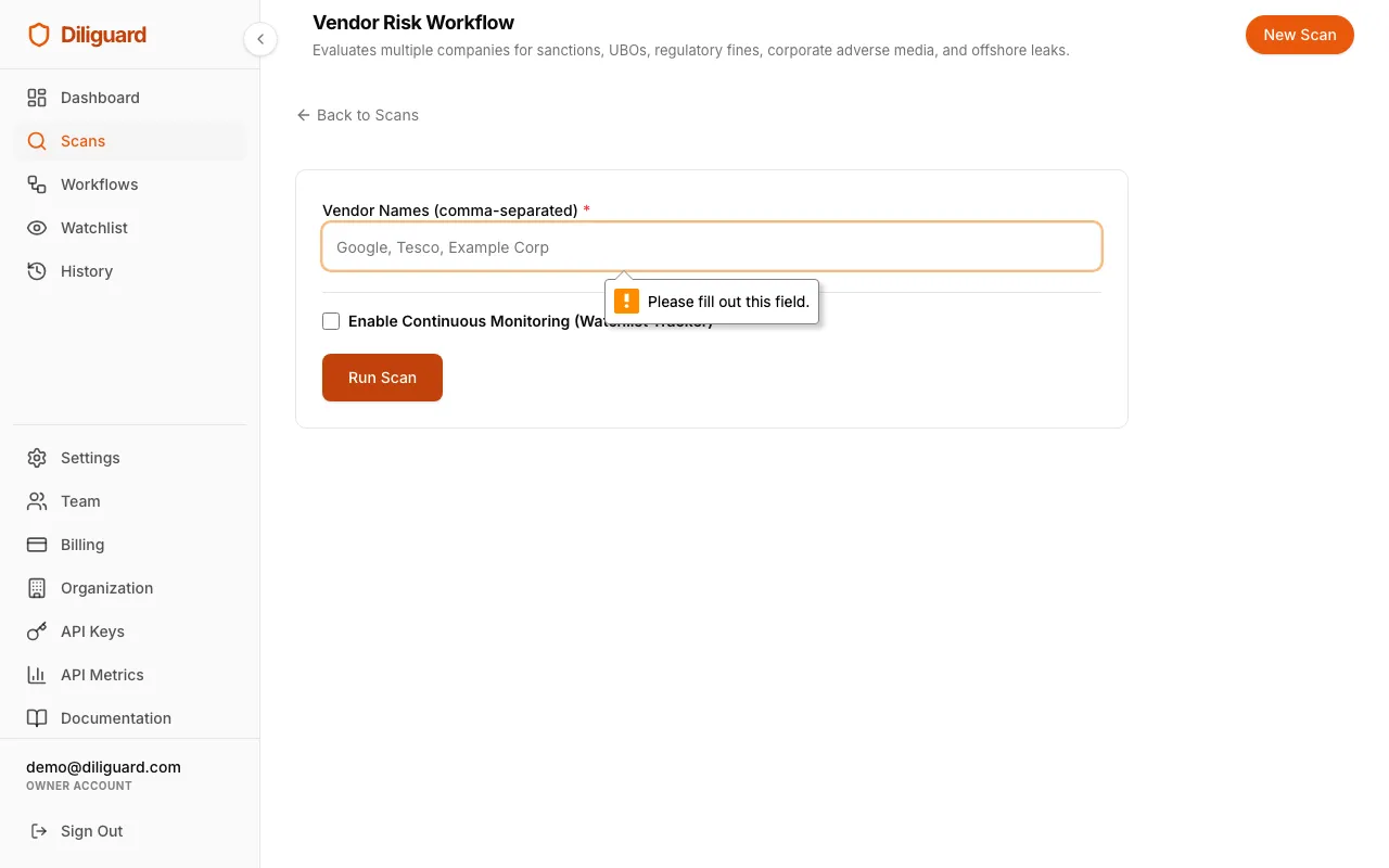 Vendor Risk workflow results screenshot showing the multi-vendor module view.