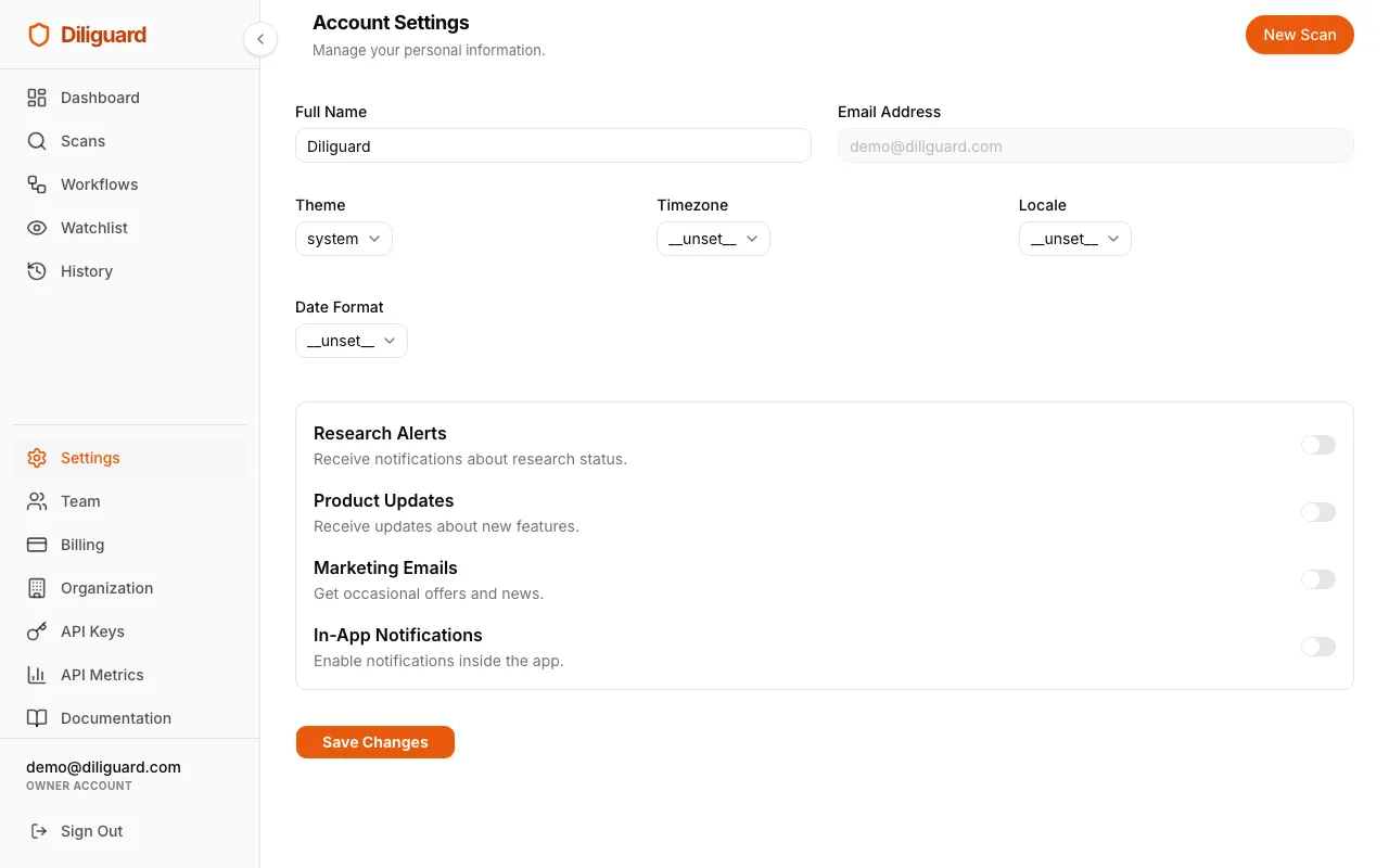 Account Settings page screenshot showing Personal Info, Preferences, and Notification toggles.