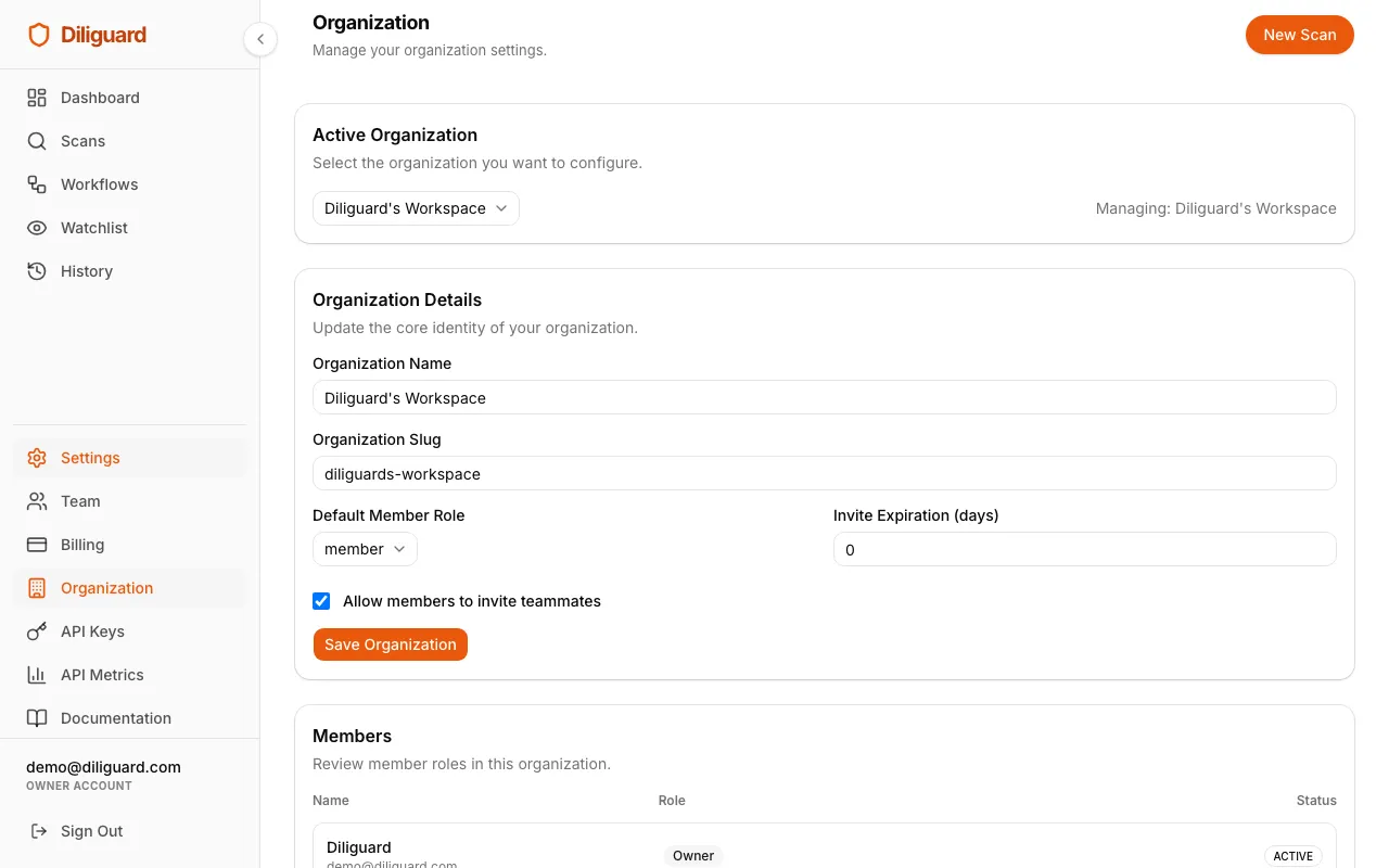 Organization Settings page screenshot showing the form fields and save button.