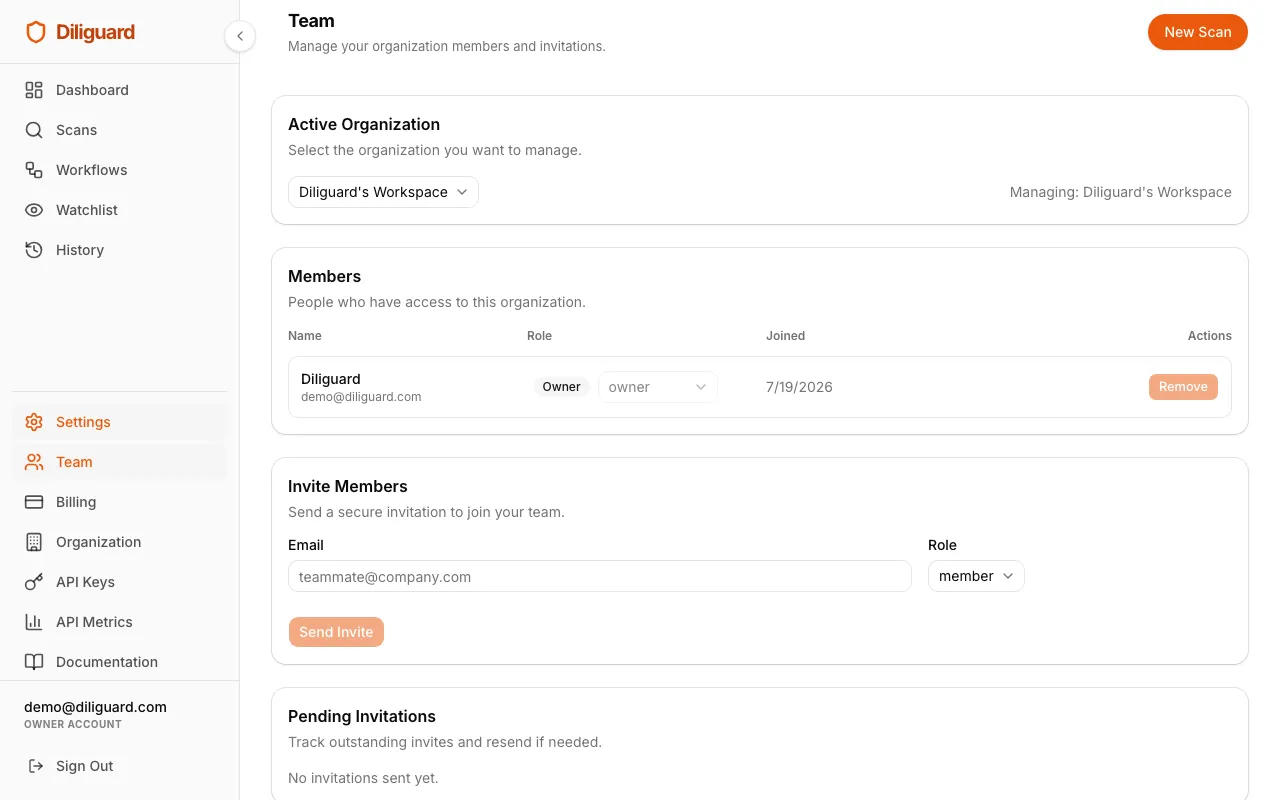 Team page screenshot showing the members table and invite form.